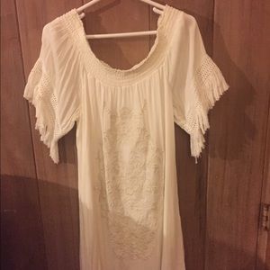 White & white embroidery, off the shoulder dress.